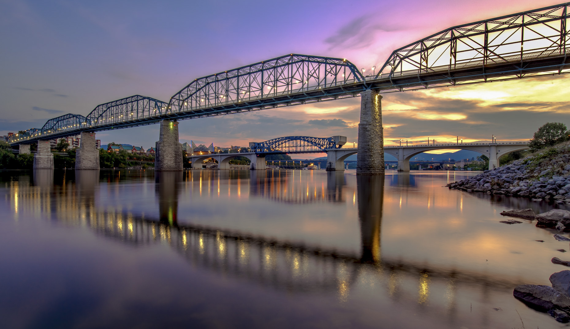 Tennessee River Twilight Downtown Chattanooga Art Prints for Sale 
